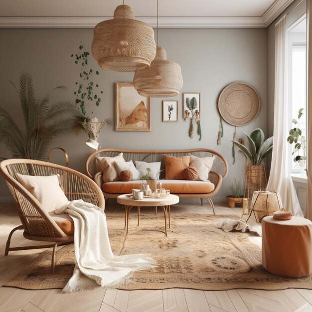 Beautiful cozy interior design of bright living room in boho style with sofa and rattan armchair8k