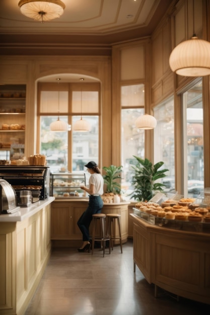 A beautiful cozy pastry shop cafe bakery in light beige colors with indoor plants Modern interior design small business buildings and architecture concepts