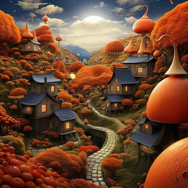 Beautiful cozy pumpkin houses village valley image Generative AI