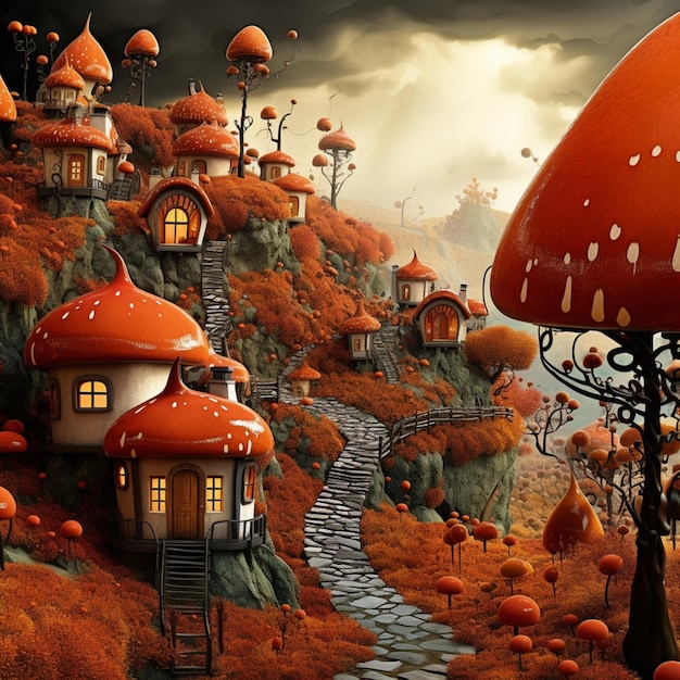 Beautiful cozy pumpkin houses village valley image Generative AI