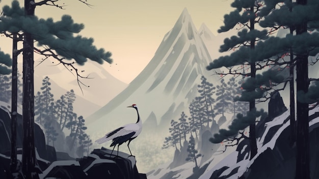 Beautiful cranes bird mountain tree acrylic painting wallpaper image AI generated art