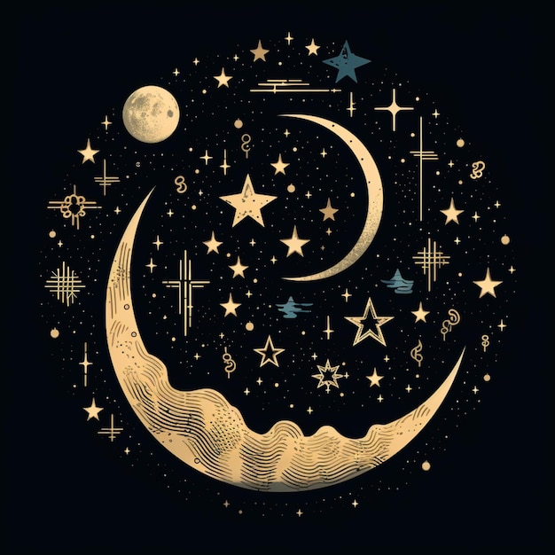 Beautiful crescent moon and stars pictures black background AI Generated art