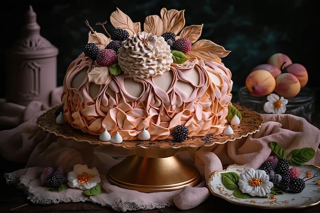 Beautiful crispy meringue cake with beautiful decoration for party