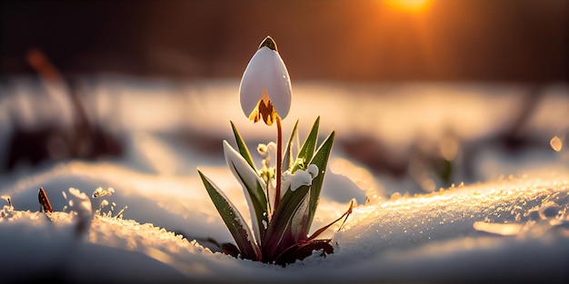 Beautiful crocuses growing through snow with sun nature background AI Generated banner