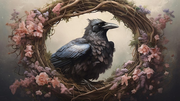 beautiful crow in fantasy wreath