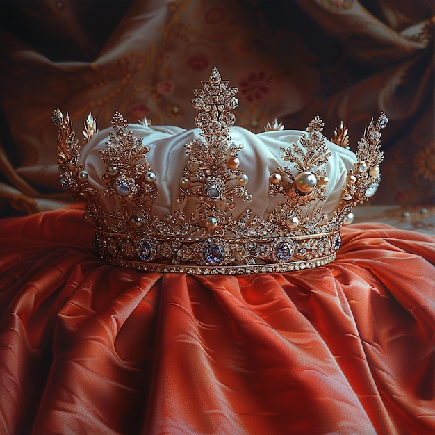 Photo beautiful crown on a red silk with beautiful ruby generated by ai