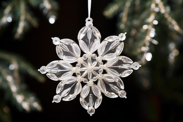 Beautiful crystal chandelier hanging on the Christmas tree Close up