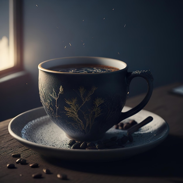 Beautiful cup of coffee with snowy landscape Generative AI