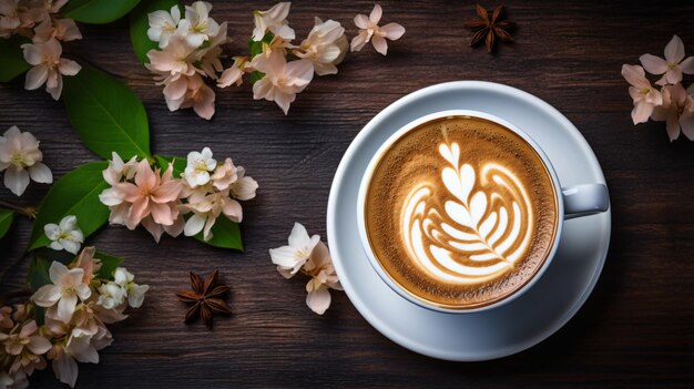 Beautiful Cup of Coffee on a Wooden Table with Spring Flower