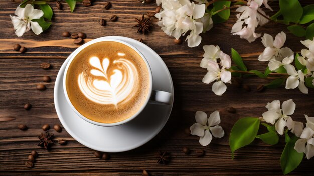 Beautiful Cup of Coffee on a Wooden Table with Spring Flower