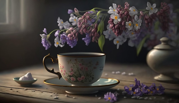 Beautiful Cup of Tea on a Wooden Table with Spring Flowers Generative AI