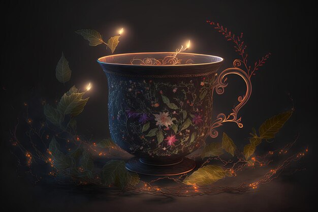 Beautiful cup with garlands on a dark fuzzy background