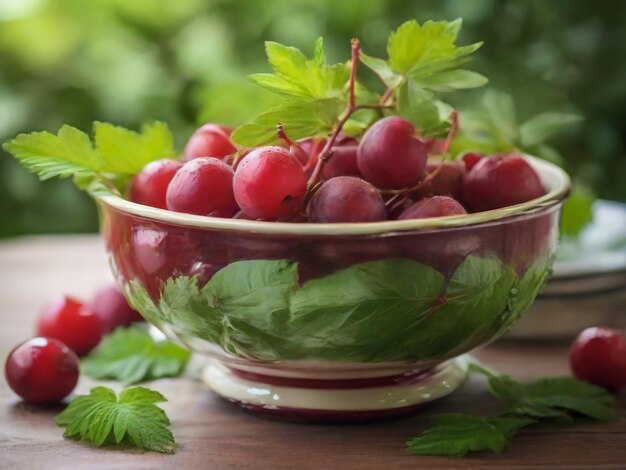 Beautiful cuppel red charry upper the table with green leaves