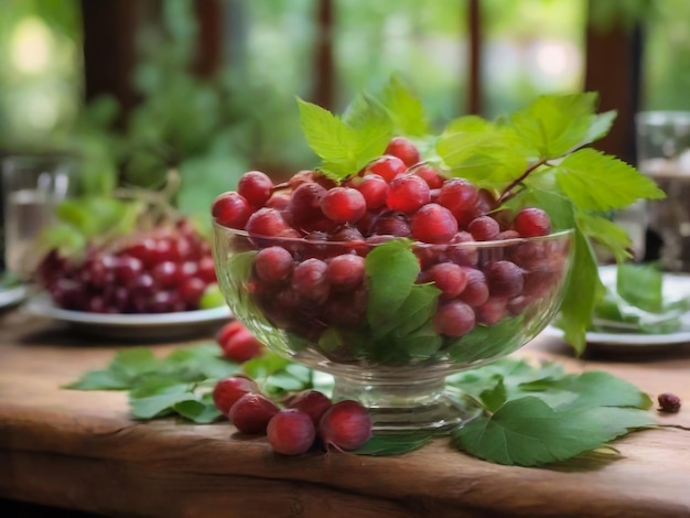 Beautiful cuppel red charry upper the table with green leaves