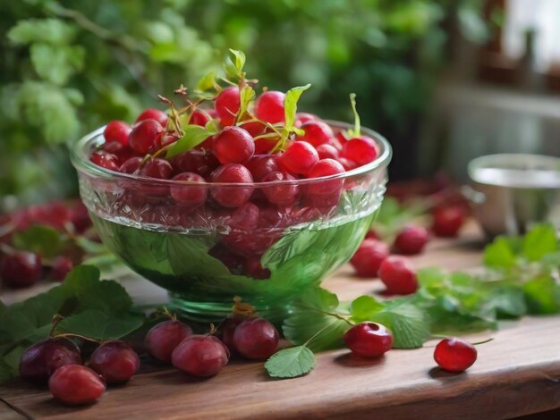 Beautiful cuppel red charry upper the table with green leaves