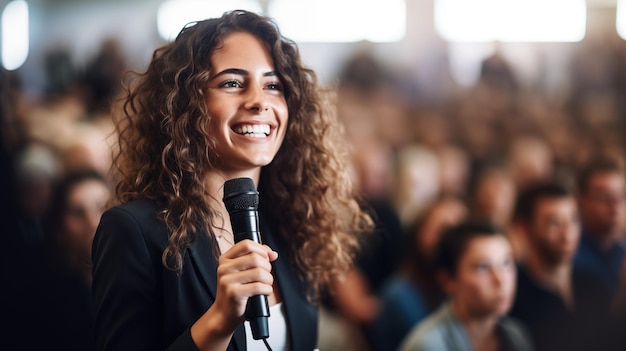 Beautiful curly cheerful young curly girl speaker at a business conference holding microphone