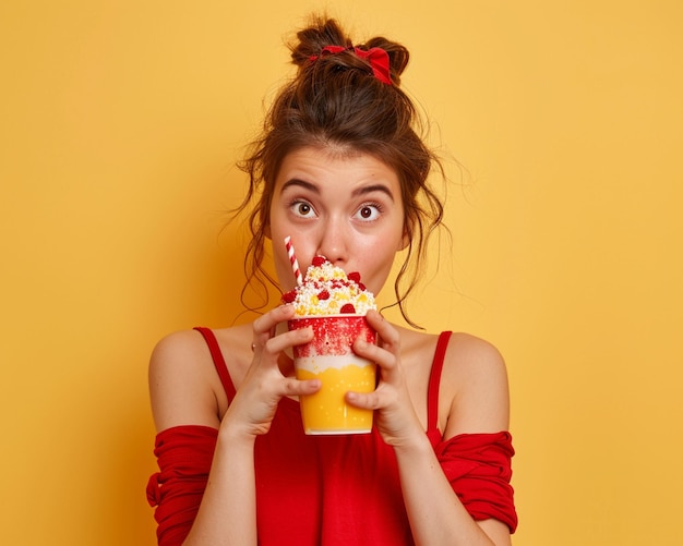 Photo beautiful curlyhaired young woman surprised drinking milkshake summer theme and nice background