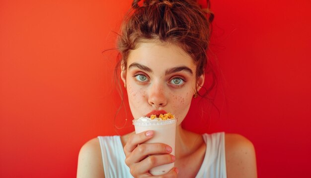 Photo beautiful curlyhaired young woman surprised drinking milkshake summer theme and nice background