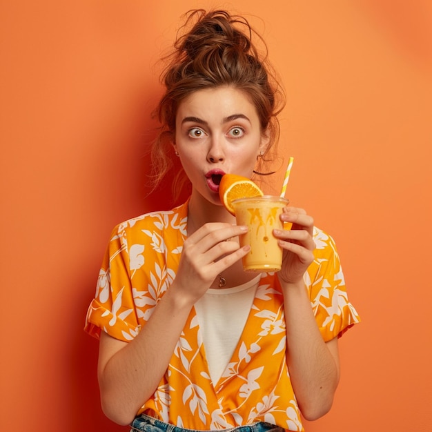 Photo beautiful curlyhaired young woman surprised drinking milkshake summer theme and nice background