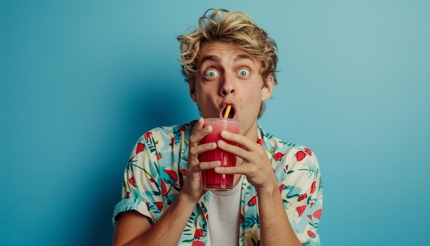 Photo beautiful curlyhaired young woman surprised having milkshake summer theme and nice background