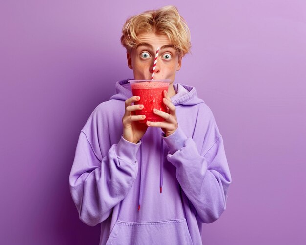 Photo beautiful curlyhaired young woman surprised having milkshake summer theme and nice background