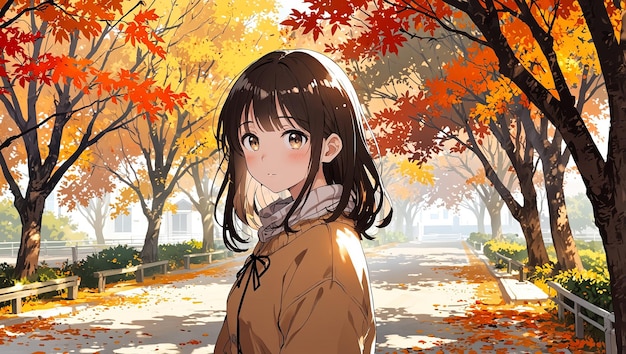 beautiful cute anime girls are out of autumn season