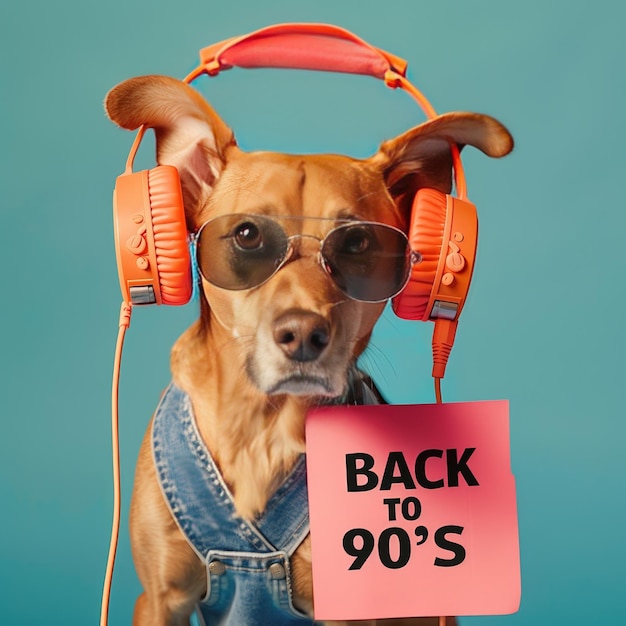 Photo beautiful cute funny dog with headphones in 90s vibes