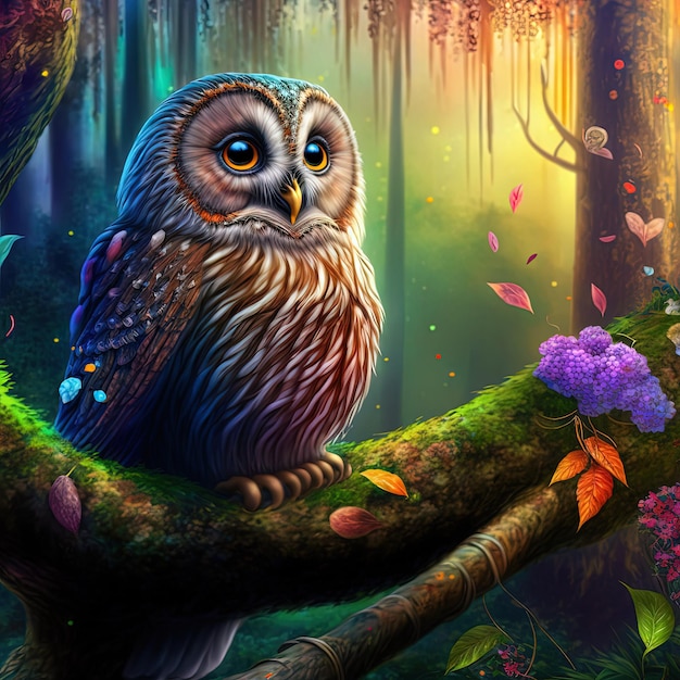 Beautiful cute owl in fairy forest sitting on a branch