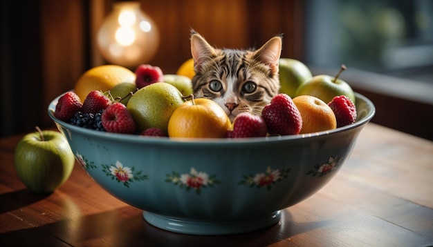 Beautiful cute and playful cats sitting in a fruit bowl