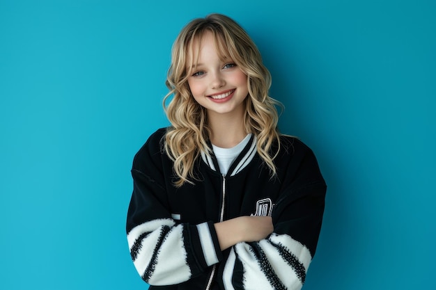 Photo beautiful cute schoolgirl with stylish black and white outfit isolated on blue color background