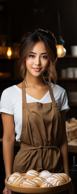 Beautiful cute woman model dressed as Baker smiling