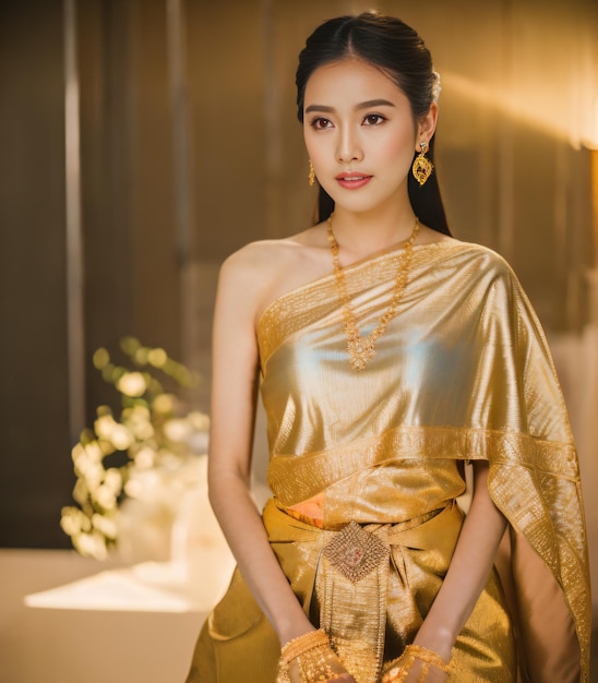 A beautiful cute woman wearing a Thai dress in gold colors poses as a model