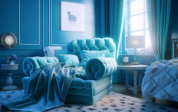 Beautiful cyan bedroom with plush bedding and cozy armchair Generative AI