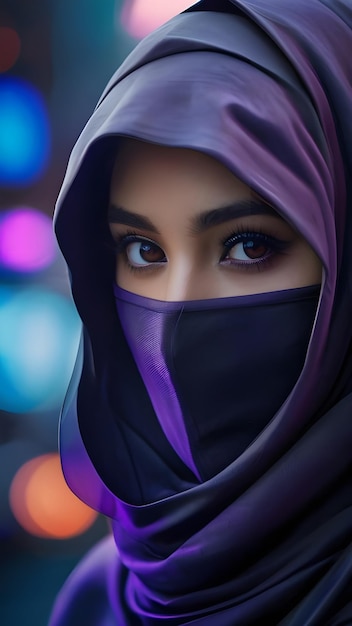 a beautiful cyber girl wears hijab and mask in Neon City