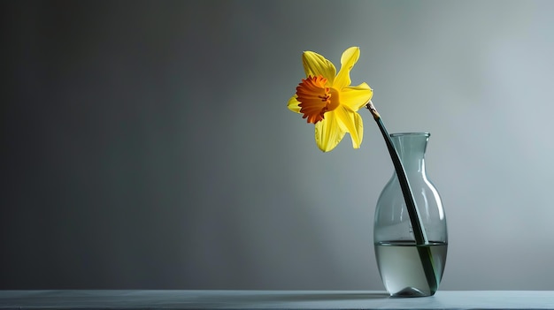 A beautiful daffodil in a glass vase The daffodil is in focus with a blurred background