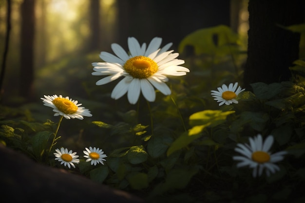 Beautiful daisies in the forest at sunset Nature background