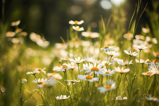 Beautiful daisies on green meadow in sunlight Nature background Generative AI