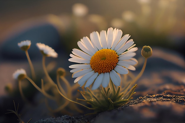 Beautiful daisy flower on the background of the setting sungenerative ai