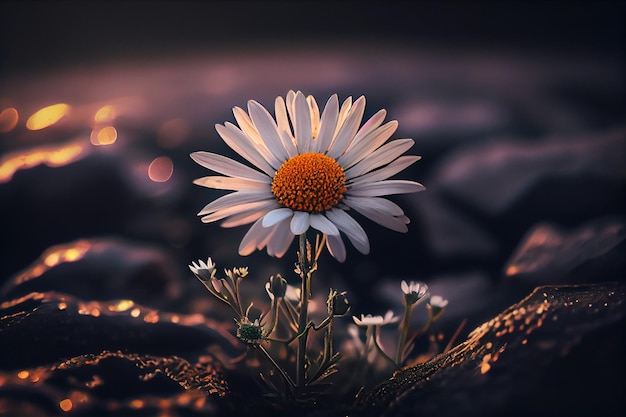 Beautiful daisy flower on the background of the setting sungenerative ai