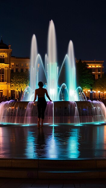 Photo beautiful dancing fountain with lighting night time mobile wallpaper lighting fountain scene