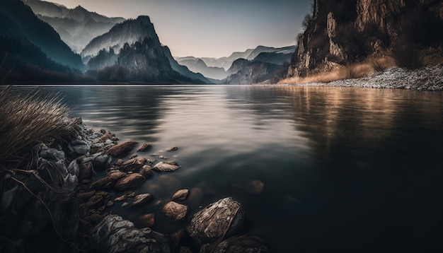 A beautiful Danube river landscape background with cinematic sky and calm water digital art