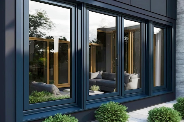 Beautiful dark blue aluminium windows with tinted glasses generative ai