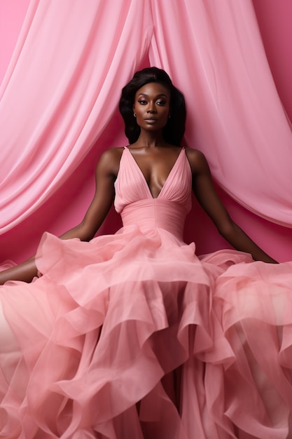 Beautiful dark skin woman in pink dress in pink room