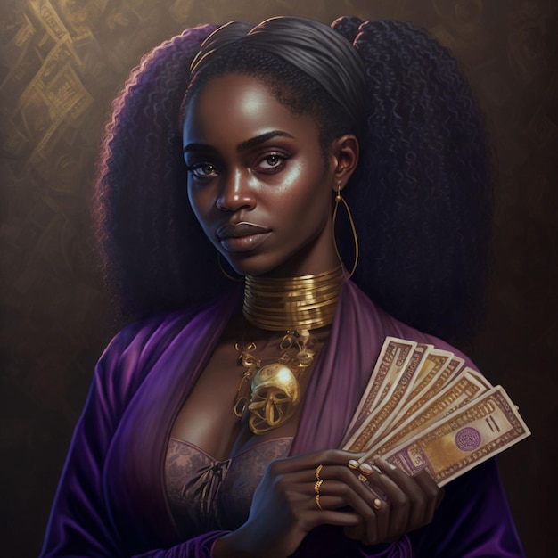 Beautiful dark-skinned girl holding a wad of money in Leonardo da Vinci-style hyper-realism with gol