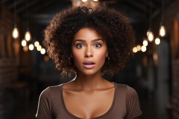 Beautiful dark skinned woman scared with Afro haircut covers the mouth and stare generative IA