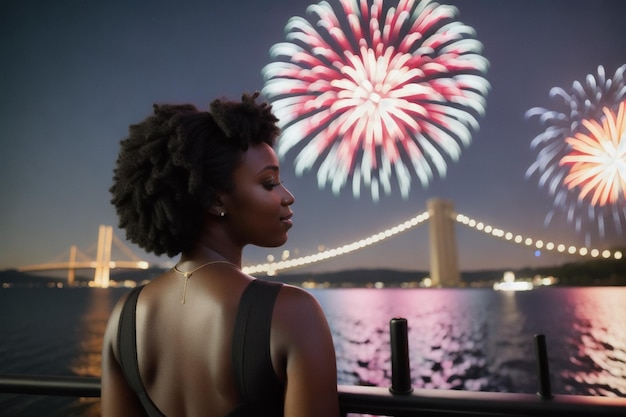 A beautiful darkskinned woman admiring a fireworks display