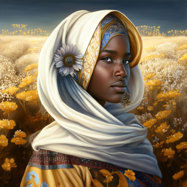 Beautiful darkskinned woman wearing an Arab headscarf standing in a field of flowers