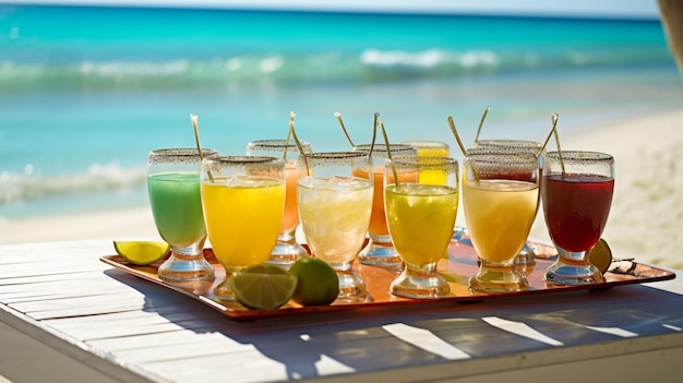 On a beautiful day a colorful array of pleasant refreshments The location is set on a beach with crystal clear waves and a bright blue Generative AIx9