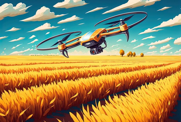 On a beautiful day a modern drone is flying over a field of wheat