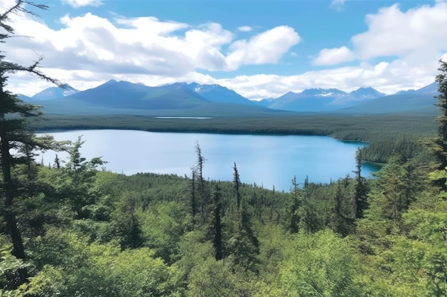 A beautiful day with a bright sky and Kathleen Lake in Haines Junction Yukon Territory The stunning lake below was photographed in June and it is surrounded by a boreal forest